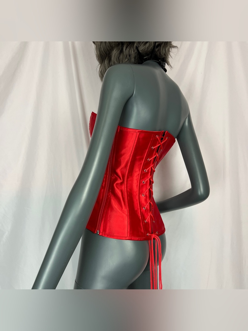Red Satin Sweetheart Overbust Corset Top - Picture 5 of 7